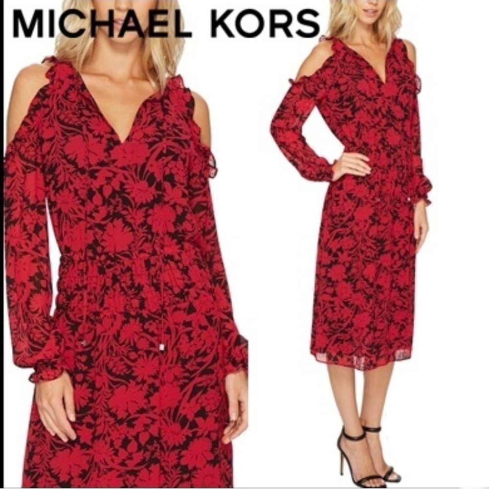 Michael Kors Dress Cold Shoulder Floral Smocked Waist Raspberry Women NWT